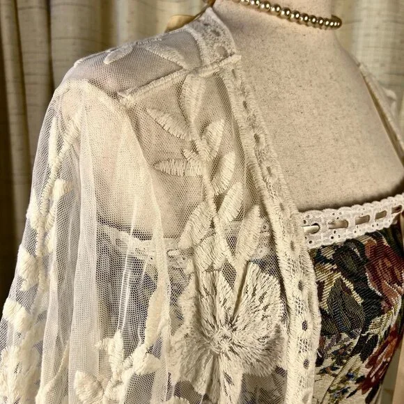 Entro White Sheer Boho Embroidered Lace Kimono Jacket Blouse M Cottagecore - Picture 14 of 15